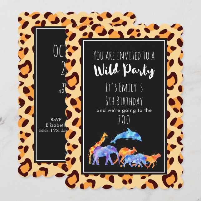 Wild Animals Zoo Birthday on Exotic Leopard Print Invitation (Front/Back)
