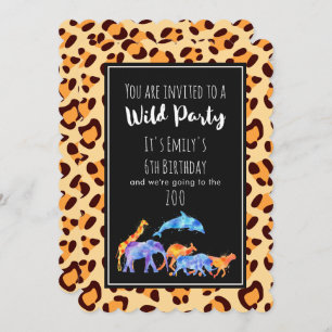 Wild Animals Zoo Birthday on Exotic Leopard Print Invitation