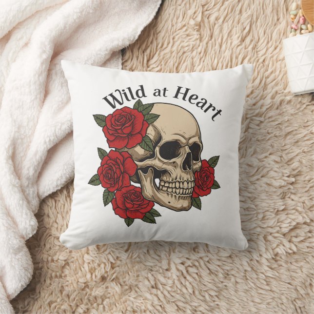 Wild at Heart Gothic Skull with Red Roses  Throw Pillow (Blanket)