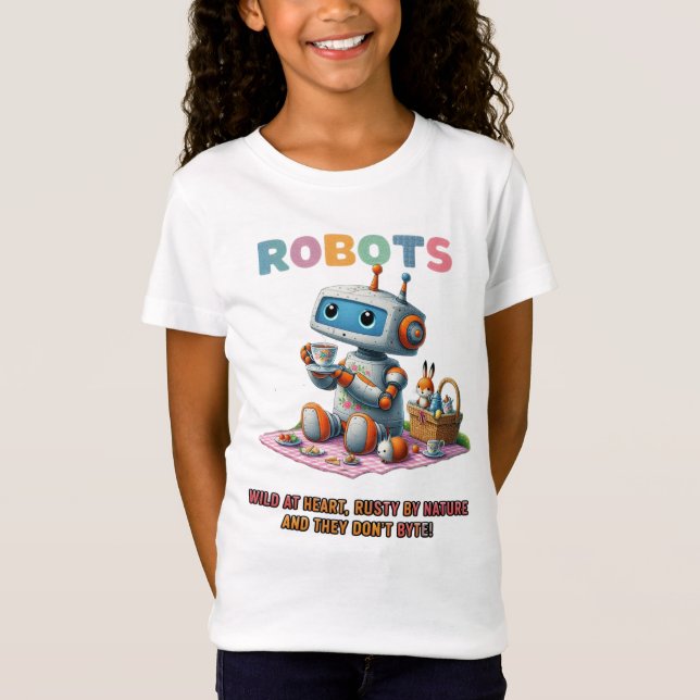 🤖Wild at Heart Robot Cartoon Picnic In Woods T-Shirt (Front)