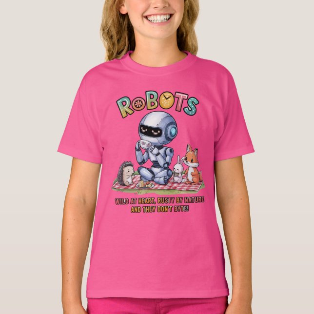 🤖Wild at Heart Robot Cartoon Picnic In Woods T-Shirt (Front)