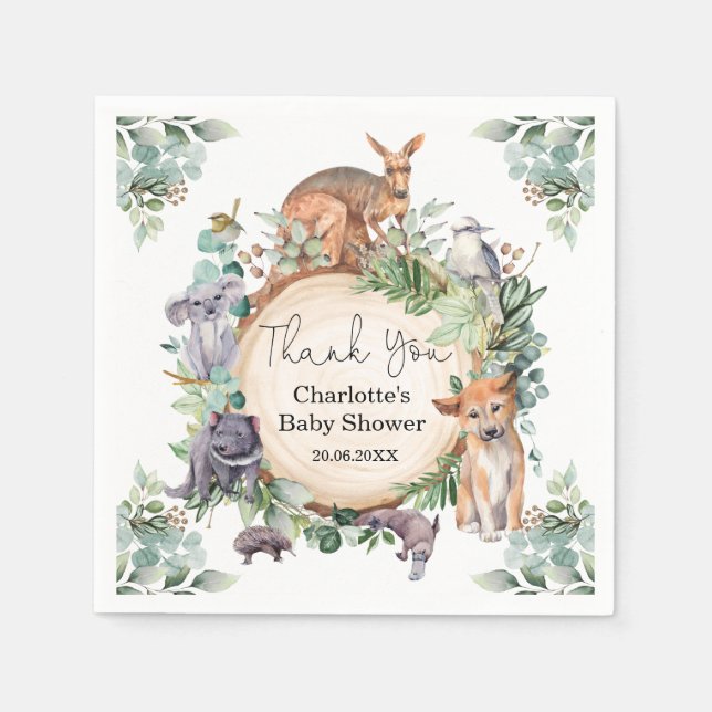 Wild Australian Animals Rustic Gum Leaves Baby Boy Napkins (Front)