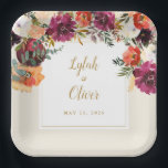 Wild Autumn Bouquet | Personalized Wedding Paper Plates<br><div class="desc">Burgundy and peach watercolor florals with gold accents adorn these personalized paper plates,  perfect for summer or autumn romantic,  botanical,  boho weddings or wedding showers.</div>