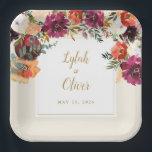 Wild Autumn Bouquet | Personalized Wedding Paper Plates<br><div class="desc">Burgundy and peach watercolor florals with gold accents adorn these personalized paper plates,  perfect for summer or autumn romantic,  botanical,  boho weddings or wedding showers.</div>