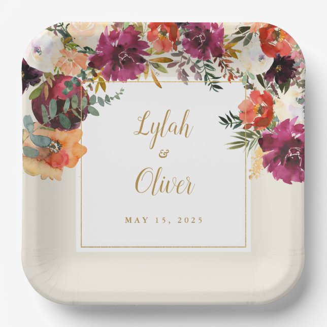 Wild Autumn Bouquet | Personalized Wedding Paper Plates (Front)