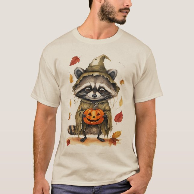 Wild Autumn Raccoon with Pumpkins Halloween T-Shir T-Shirt (Front)