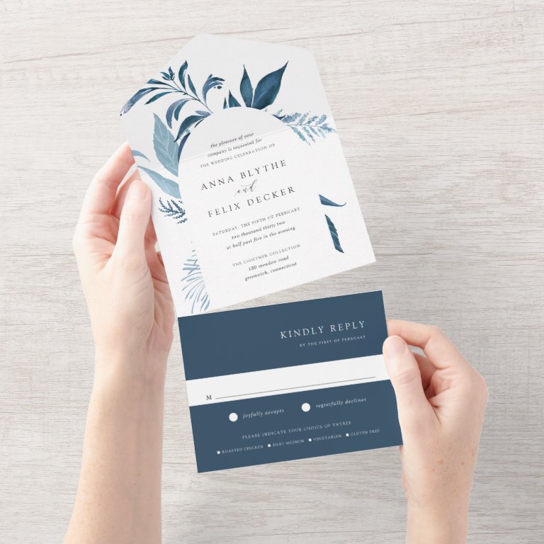 Wild Azure Blue Botanical Arch Wedding All In One Invitation