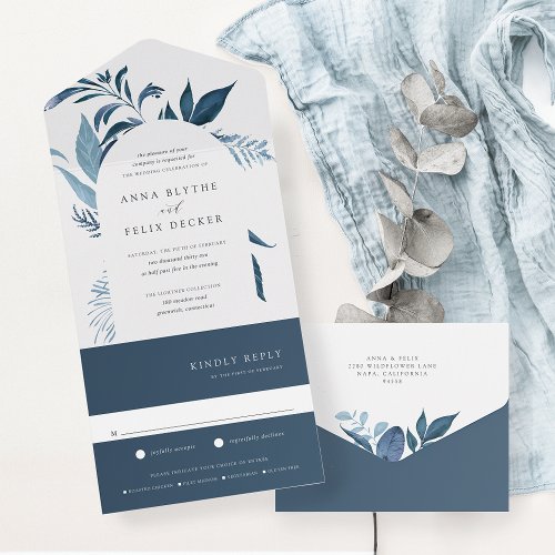 Wild Azure Blue Botanical Arch Wedding All In One Invitation