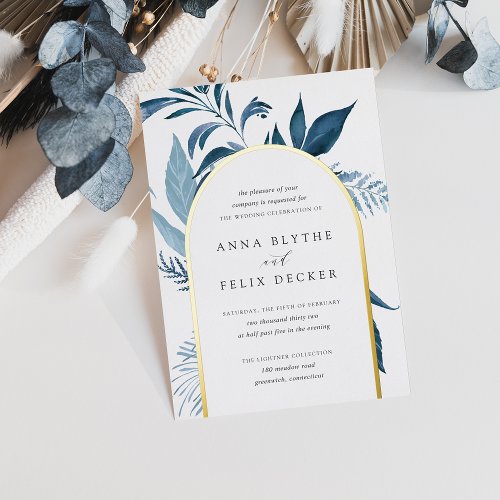 Wild Azure Blue Botanical Arch Wedding Foil Invitation