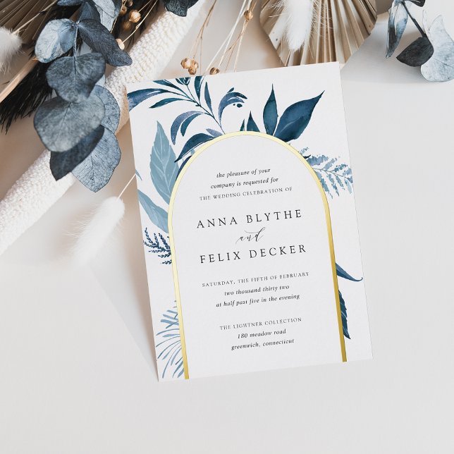 Wild Azure Blue Botanical Arch Wedding Foil Invitation (Creator Uploaded)
