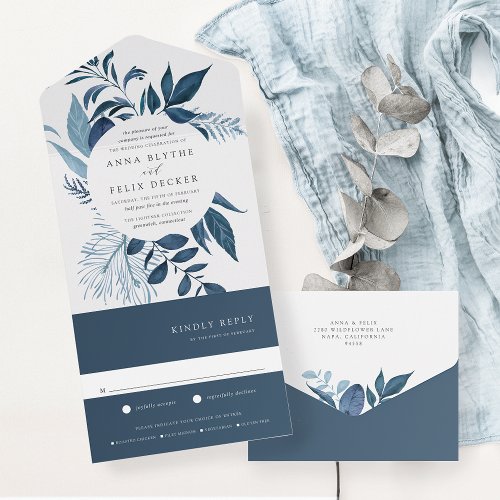 Wild Azure Blue Botanical Frame Wedding All In One Invitation