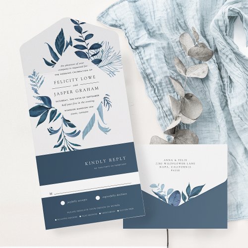 Wild Azure Blue Botanical Frame Wedding All In One Invitation