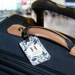 Wild Azure | Blue Botanical Monogram Luggage Tag<br><div class="desc">Elegant watercolor botanical luggage tag features your single initial monogram and name in classic off-black lettering,  framed by icy winter blue leaves and foliage. Personalize the reverse side with your contact information in white lettering on a coordinating deep charcoal background.</div>