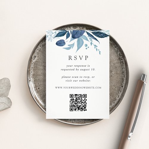 Wild Azure Blue Botanical QR Code Wedding RSVP Enclosure Card