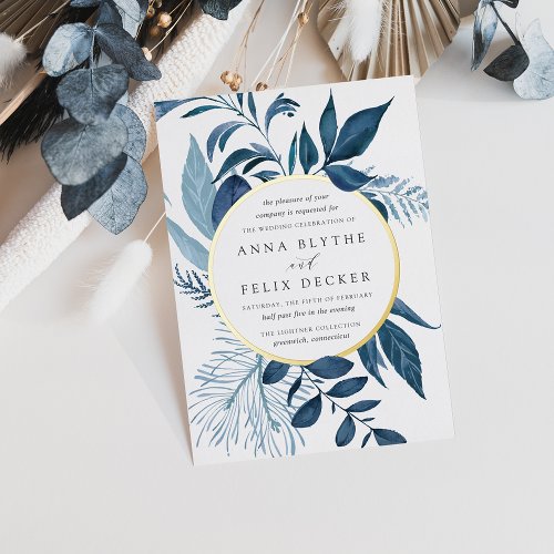 Wild Azure Blue Botanical Wedding Foil Invitation