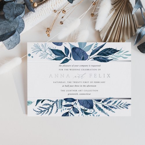 Wild Azure  Blue Botanical Wedding Foil Invitation