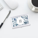 Wild Azure | Monogram Business Card Case<br><div class="desc">Elegant botanical business card holder features your single initial monogram framed by a border of lush watercolor leaves in shades of blue,  on a crisp white background. Matching business cards and accessories also available in our Wild Azure collection.</div>