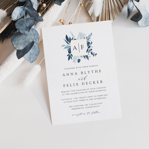 Wild Azure Monogram Wedding Foil Invitation