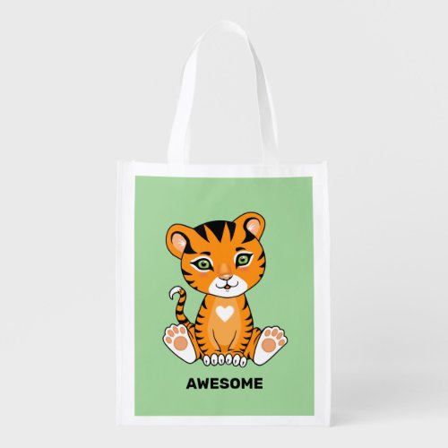 Wild Baby Tiger Animal Cartoon on Green Grocery Bag
