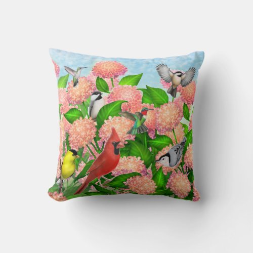 Wild Backyard Birds on Hydrangea Flowers Pillow