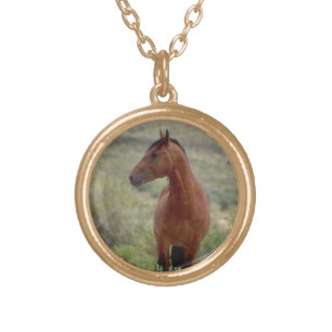 Wild Bay Horse Standing on Grassy Range, Wyoming Gold Plated Necklace