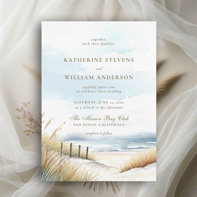 Wild Beach Fence Ocean Grass Art Elegant Wedding Invitation (wild beach wedding invitation dreamy watercolor ocean fence grass nature formal modern classic)
