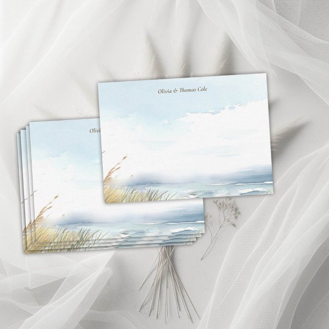 Wild Beach Fence Ocean Grass Stripe Wedding Couple Note Card (wild beach wedding couple note card dreamy watercolor ocean fence grass nature formal modern classic)