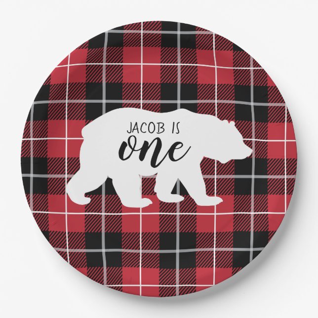 Wild Bear Flannel Plaid Pattern 1st Birthday Party Paper Plates (Front)