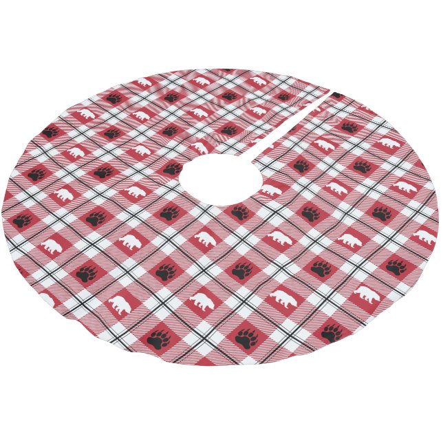 Wild Bear Paws Black Red & White Flannel Pattern Brushed Polyester Tree Skirt (Angled)