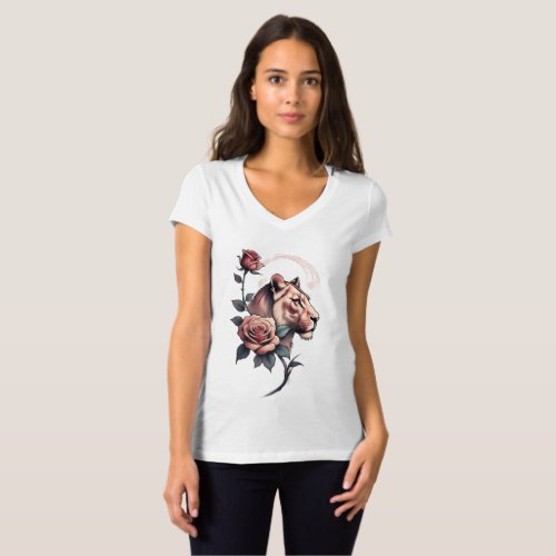  Wild Beauty Lioness and Rose Tattoo Design T_Shirt
