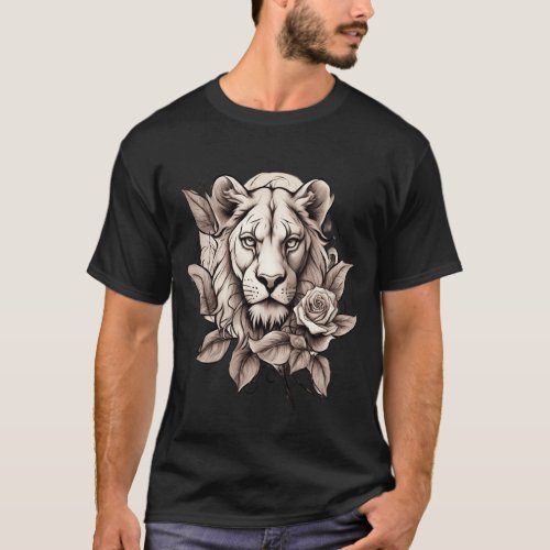 Wild Beauty Lioness Rose Tattoo Design T_Shirt
