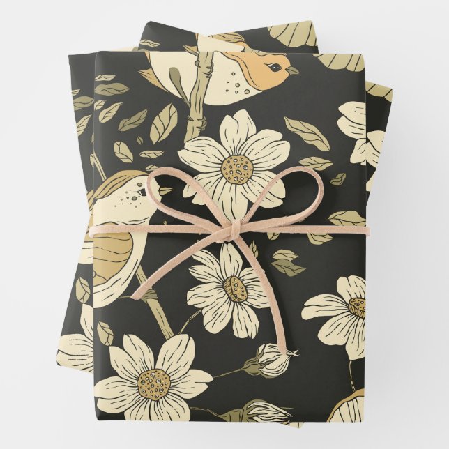 Wild Birds and Flowers Nature Wrapping Paper Sheets (In situ)