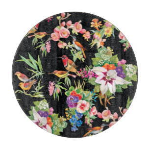 Wild Birds Flowers: Black Vintage Cutting Board