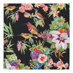 Wild Birds Flowers: Black Vintage Faux Canvas Print
