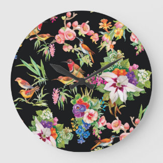Wild Birds Flowers: Black Vintage Large Clock