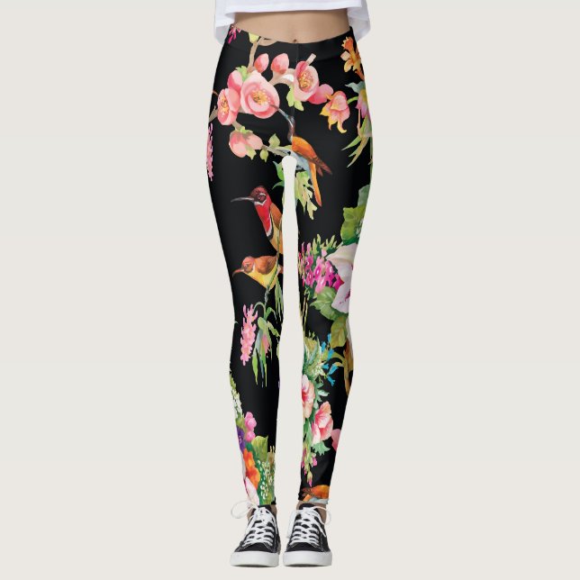 Wild Birds Flowers: Black Vintage Leggings (Front)