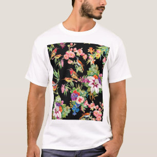 Wild Birds Flowers: Black Vintage T-Shirt