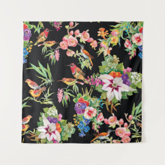 Wild Birds Flowers: Black Vintage Tapestry