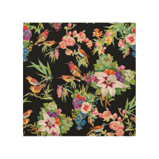 Wild Birds Flowers: Black Vintage Wood Wall Art