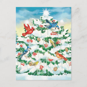 Wild Birds in Nature with Starlit Christmas Tree Holiday Postcard