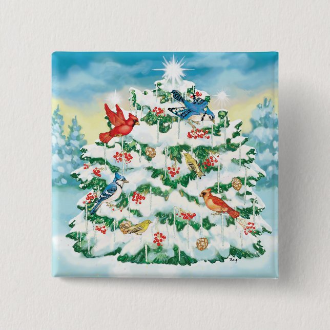 Wild Birds in Nature with Starlit Christmas Tree Pinback Button (Front)