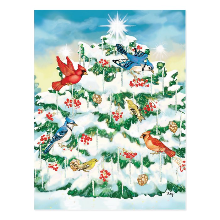 Wild Birds in Nature with Starlit Christmas Tree Postcard