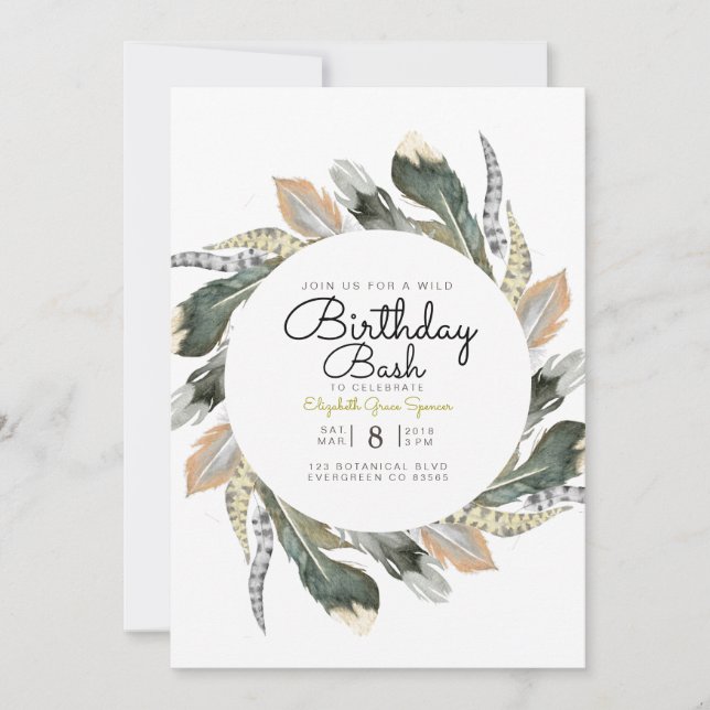 Wild Birthday Bash | Feather Watercolor Circle Invitation (Front)