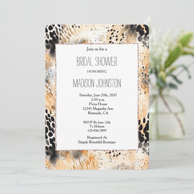 Wild Black Cream Leopard Animal Bridal Shower Invitation (Standing Front)