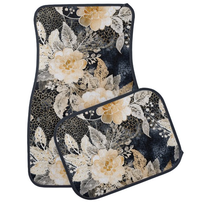 Wild Black Cream Leopard Animal Floral Car Floor Mat (Set)