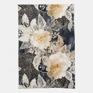 Wild Black Cream Leopard Animal Floral Kitchen Towel