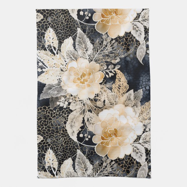 Wild Black Cream Leopard Animal Floral Kitchen Towel (Vertical)