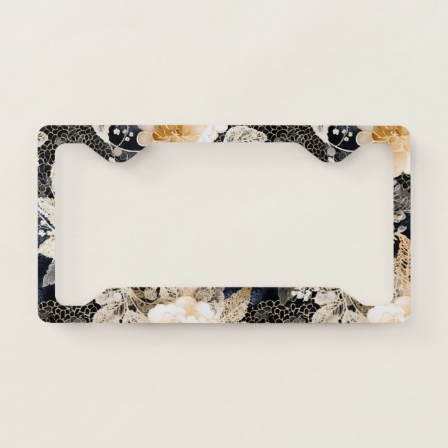 Wild Black Cream Leopard Animal Floral License Plate Frame (Front)