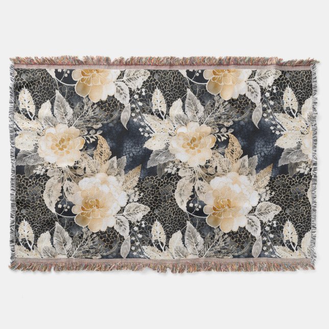 Wild Black Cream Leopard Animal Floral Throw Blanket (Front)