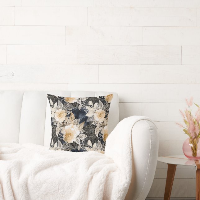 Wild Black Cream Leopard Animal Floral Throw Pillow (Couch)